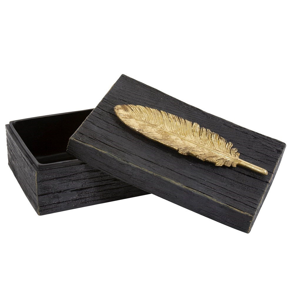 Rustic Faux Wood Box with Gold Feather Accent