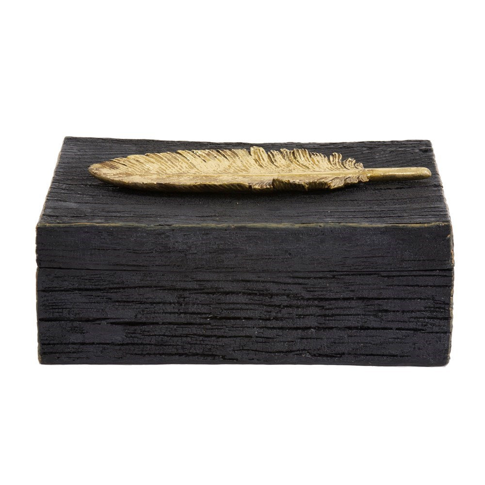 Rustic Faux Wood Box with Gold Feather Accent