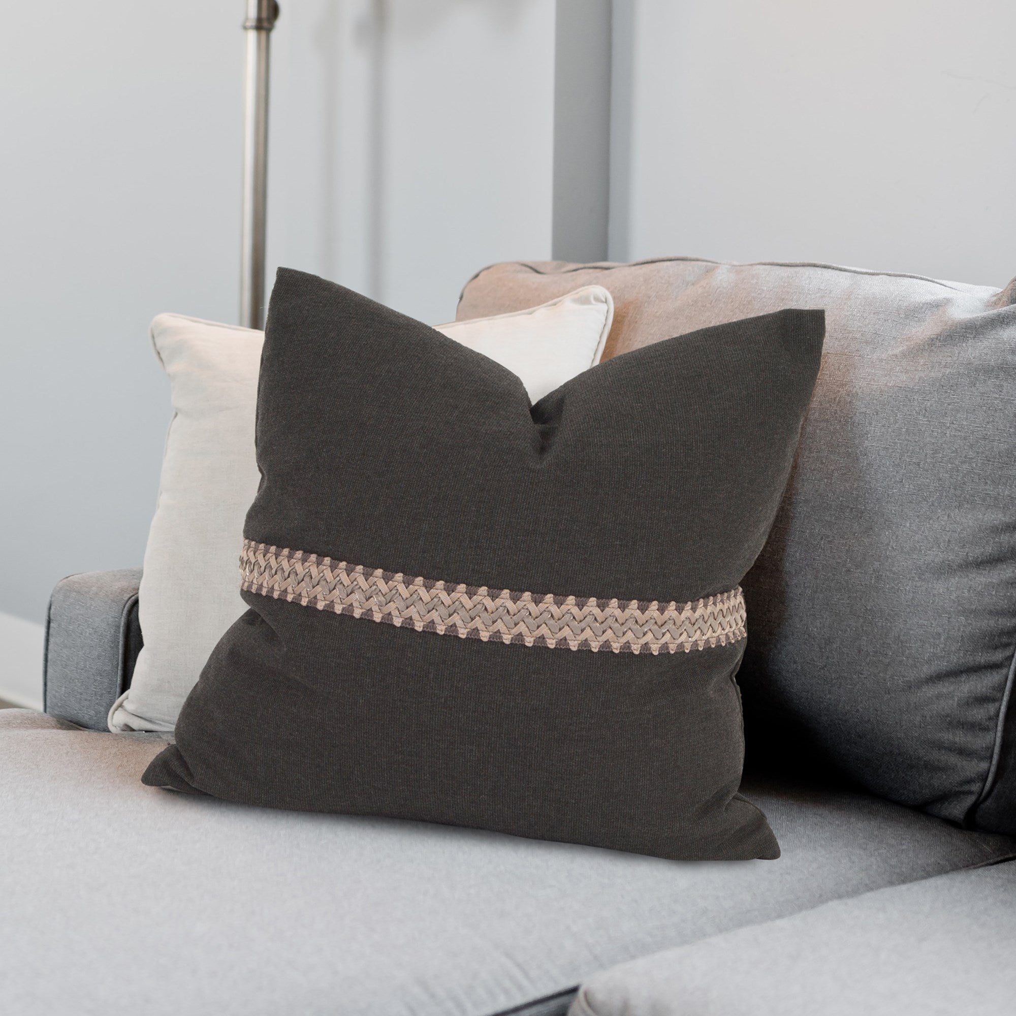 Seascape Charcoal with Deco Trim Down Pillow- 20" x 20"