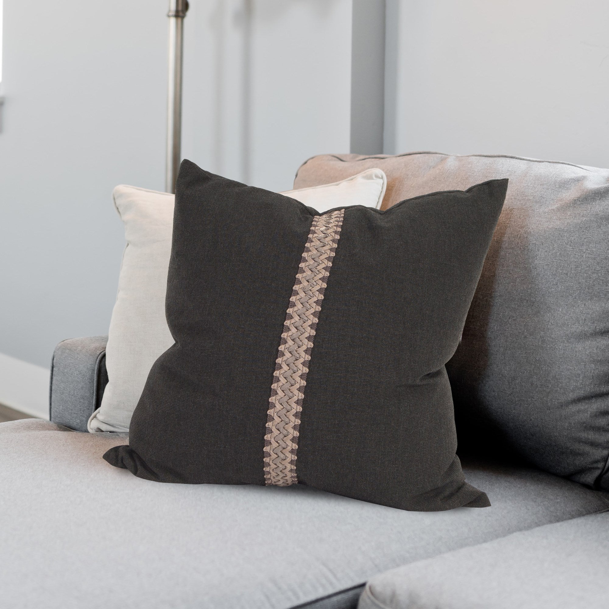 Seascape Charcoal with Deco Trim Down Pillow- 20" x 20"