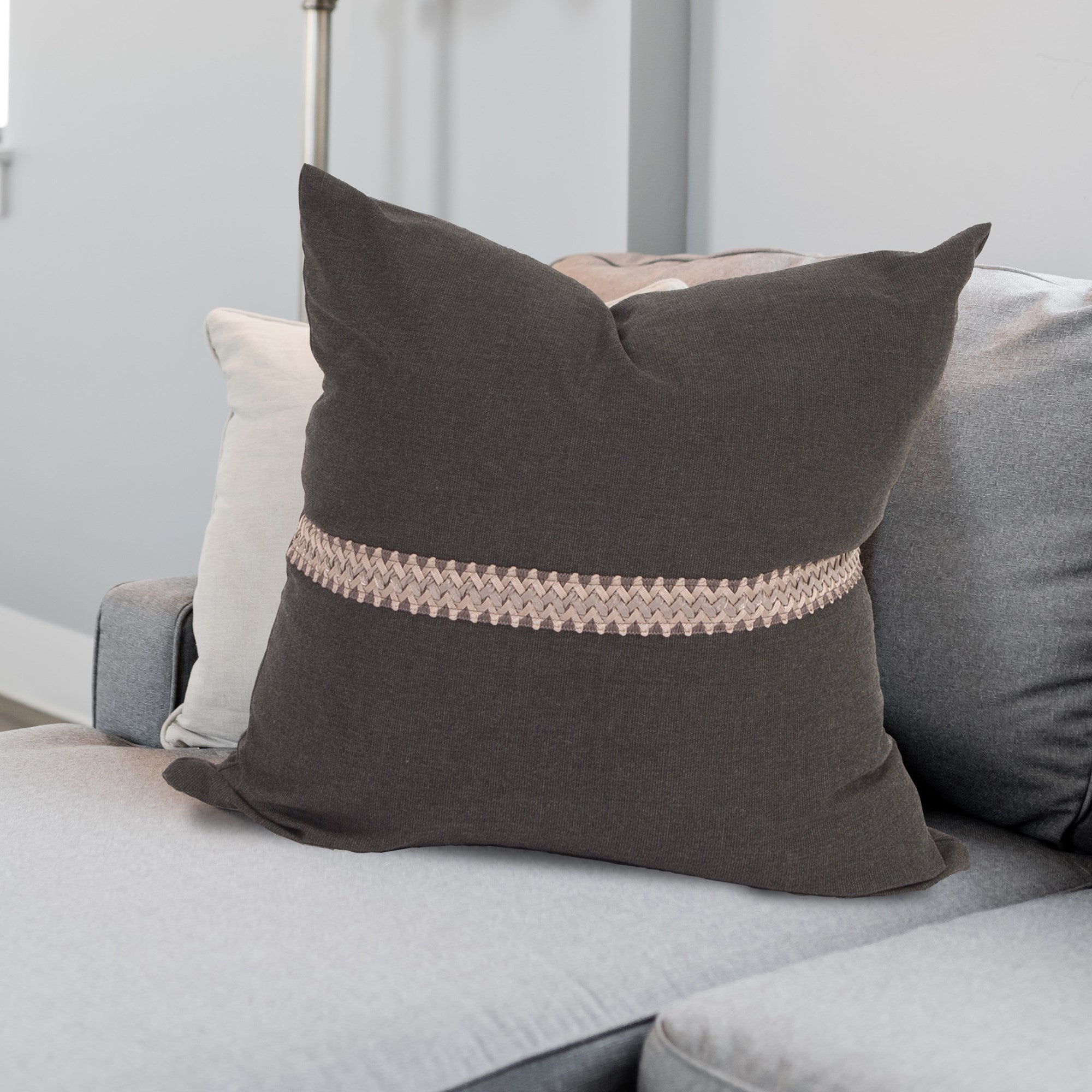 Seascape Charcoal with Deco Trim Down Pillow- 24" x 24"