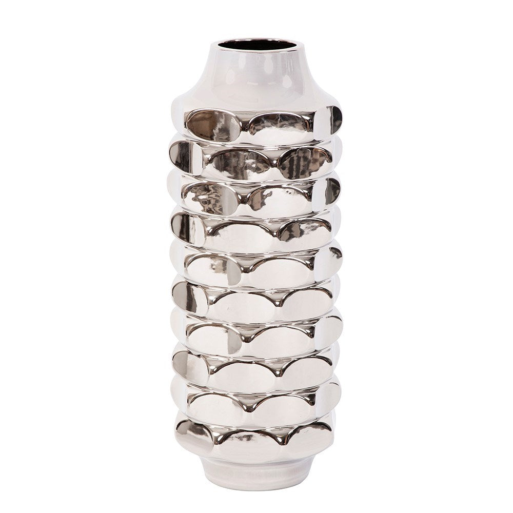 Hammered Metallic Silver Ceramic Vase, Large