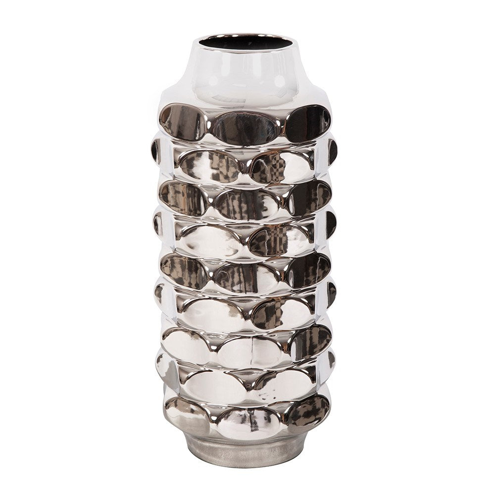 Hammered Metallic Silver Ceramic Vase, Medium