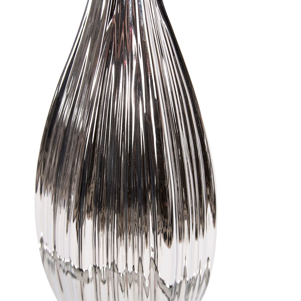 Metallic Silver Ribbed Ceramic Bottle Vase, Tall