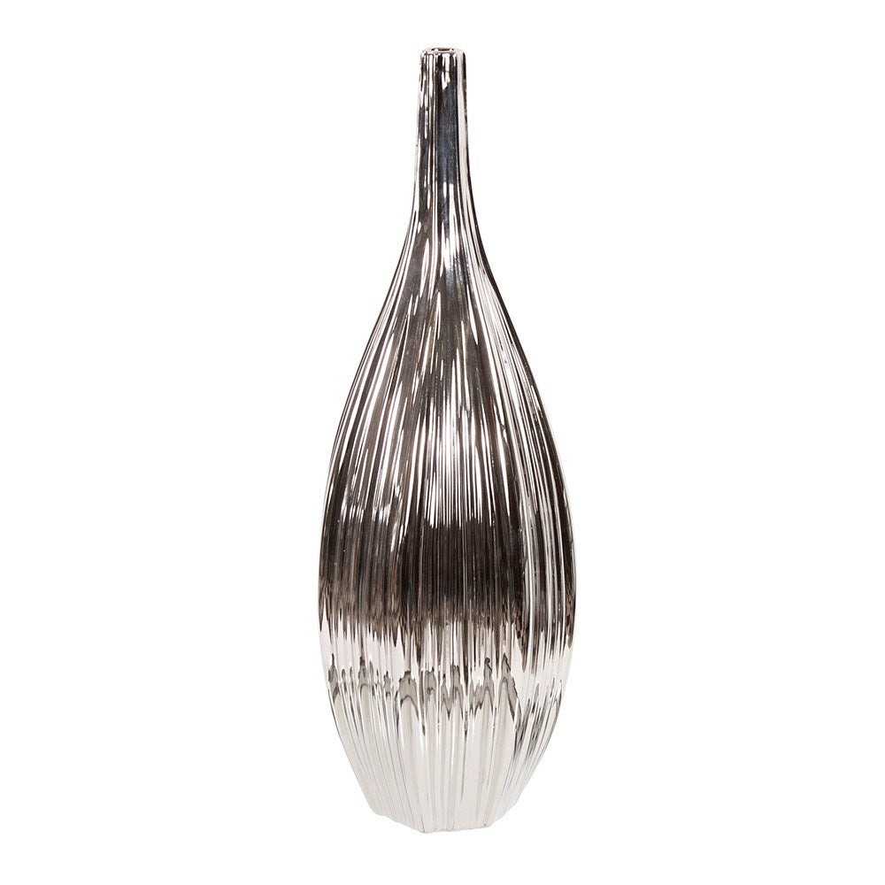 Metallic Silver Ribbed Ceramic Bottle Vase, Tall