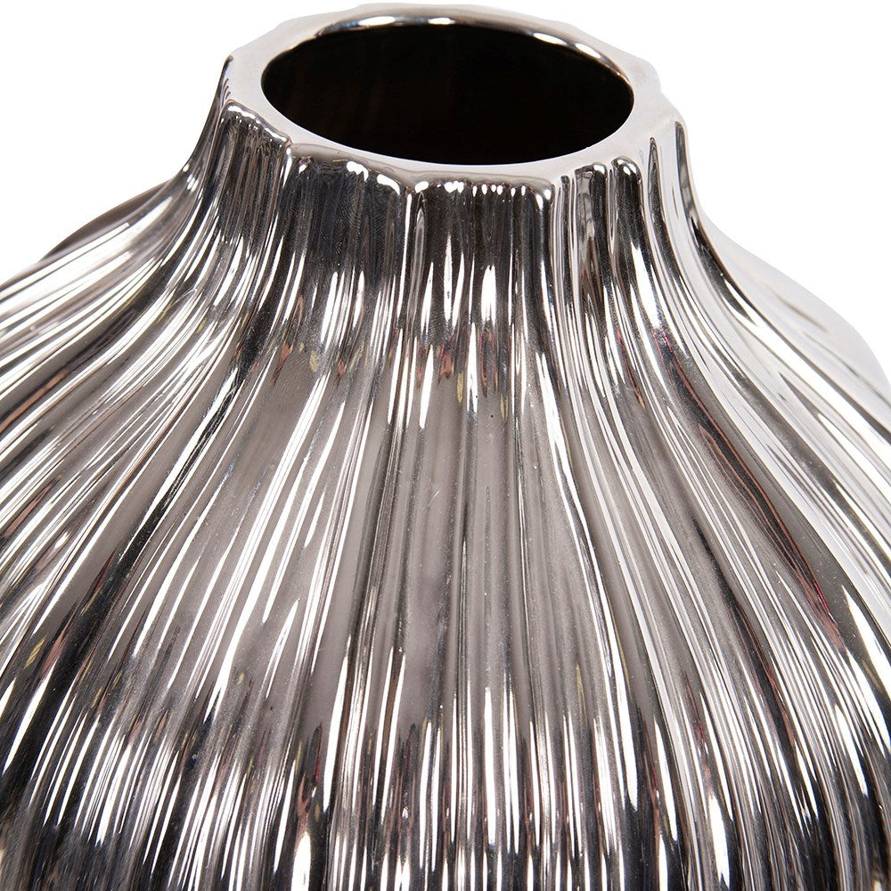Metallic Silver Ribbed Ceramic Globe Vase