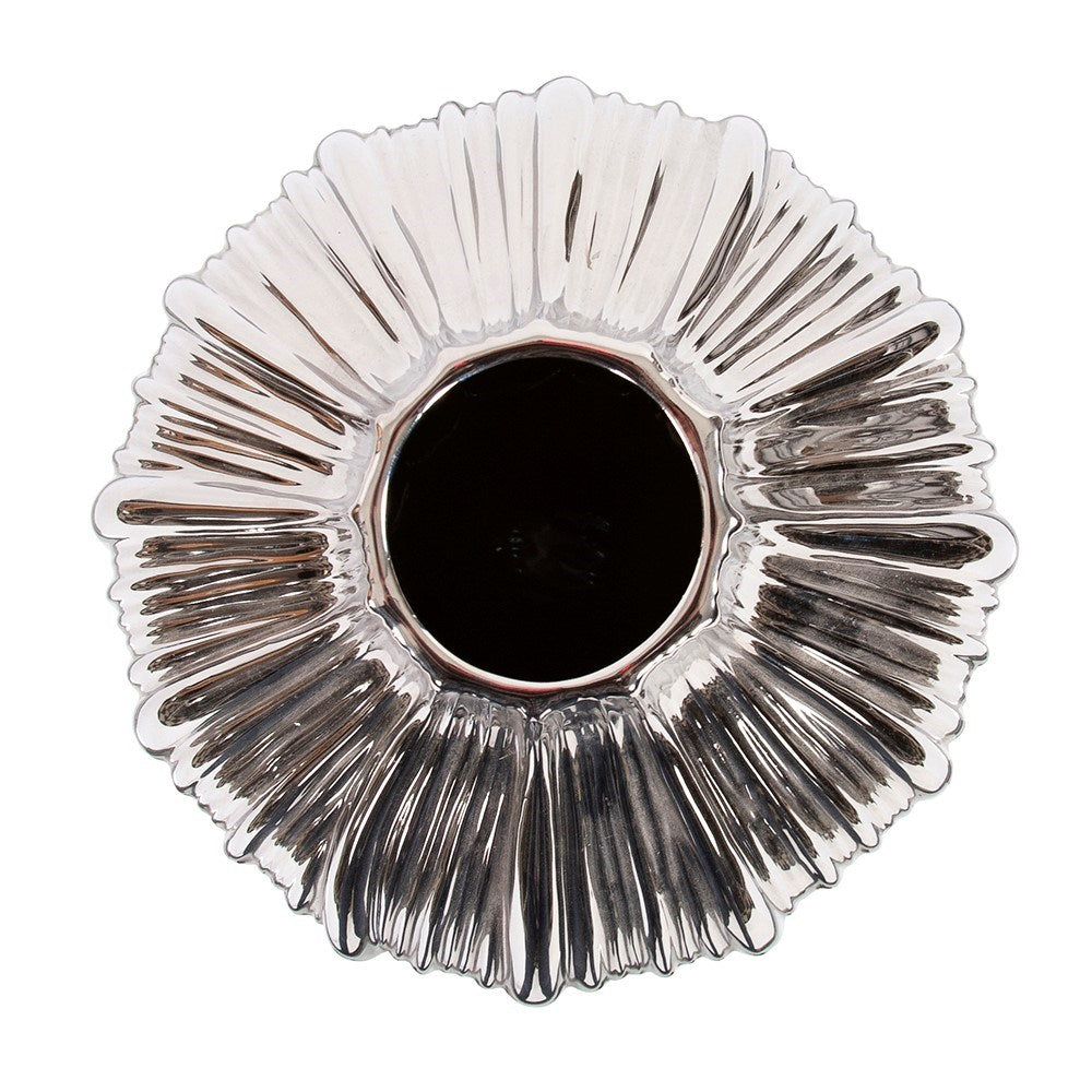 Metallic Silver Ribbed Ceramic Globe Vase