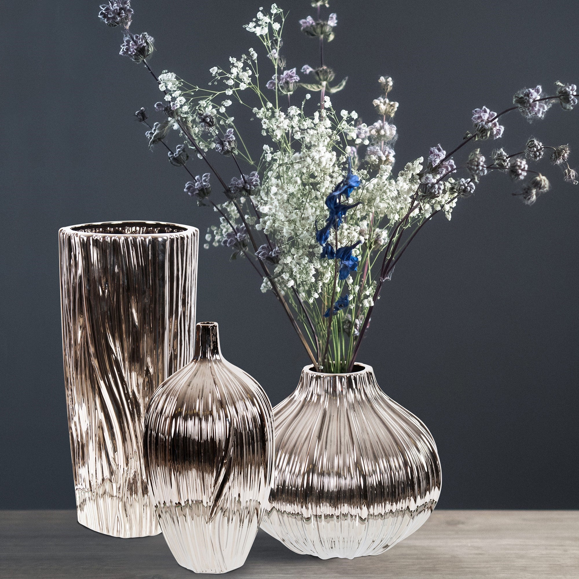 Metallic Silver Ribbed Ceramic Globe Vase