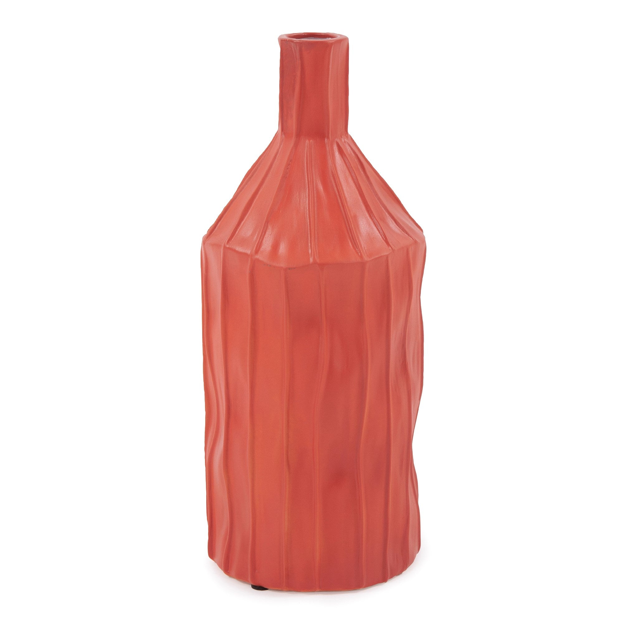 Coral Red Ribbed Ceramic Bottle