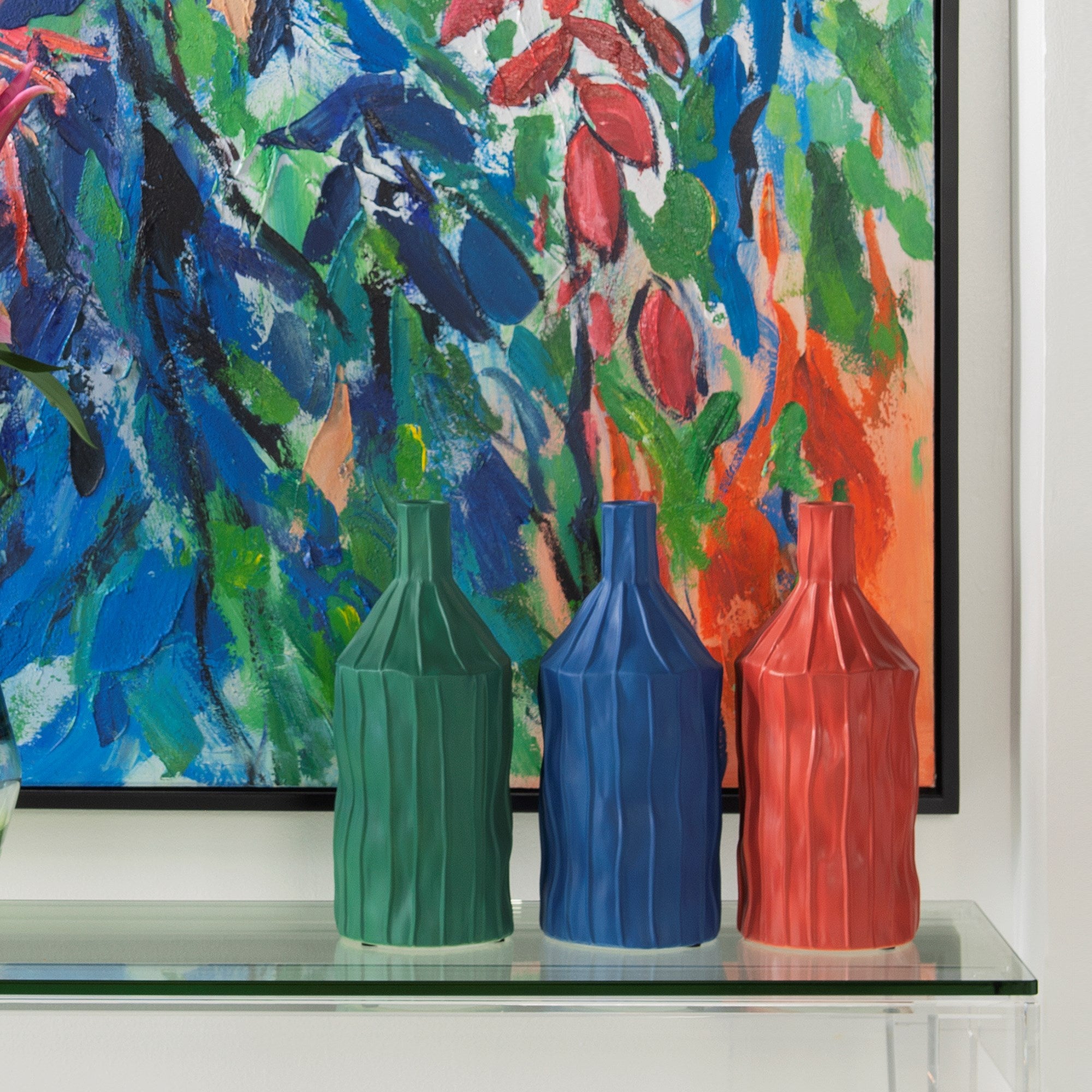 Emerald Green Ribbed Ceramic Bottle