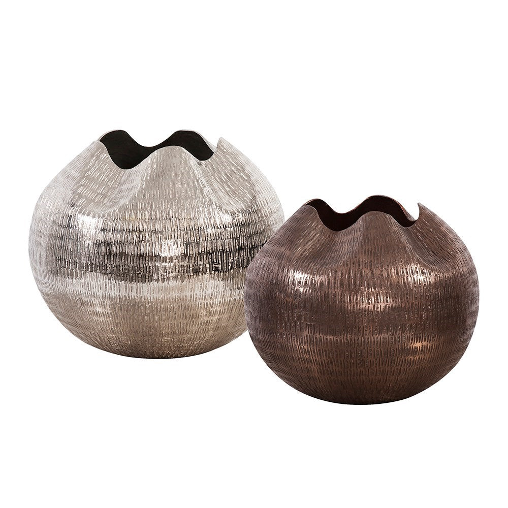 Textured Deep Copper Aluminum Pinched Top Globe Vase, Small