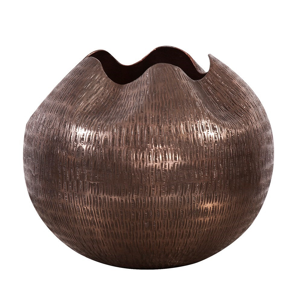 Textured Deep Copper Aluminum Pinched Top Globe Vase, Small