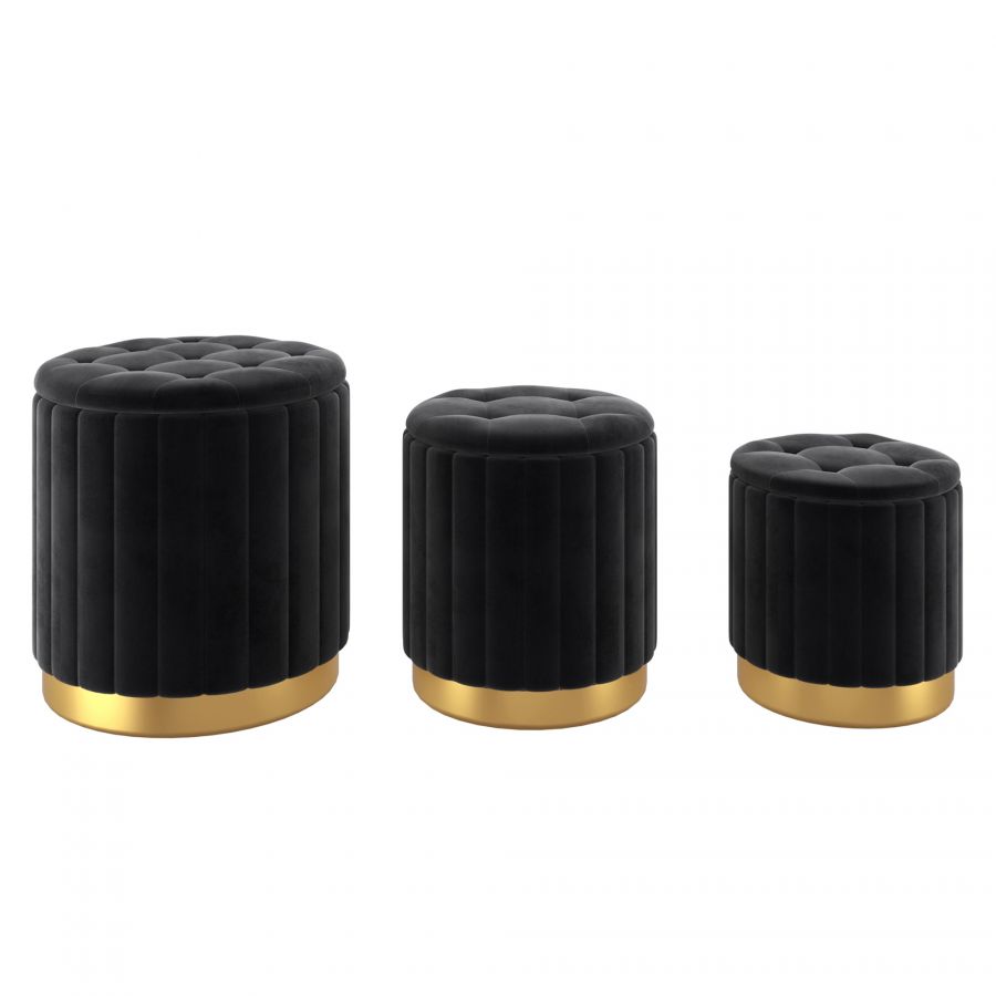 Tobi 3pc Black - Gold Storage Ottoman Set