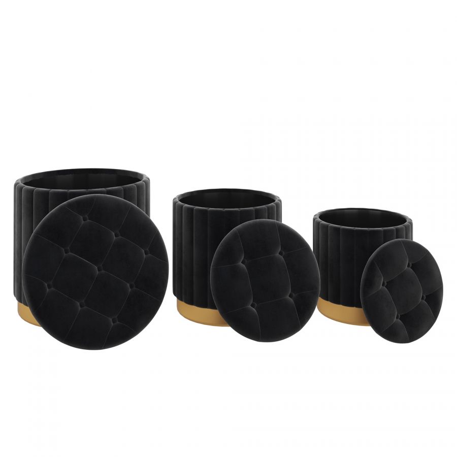 Tobi 3pc Black - Gold Storage Ottoman Set