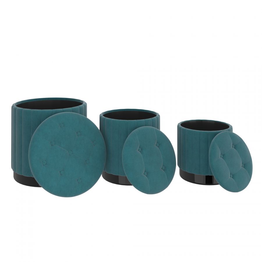 Tobi 3pc Teal - Black Storage Ottoman Set