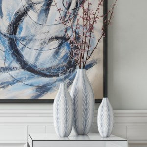 Blue and White Chevron Ceramic Vase Set