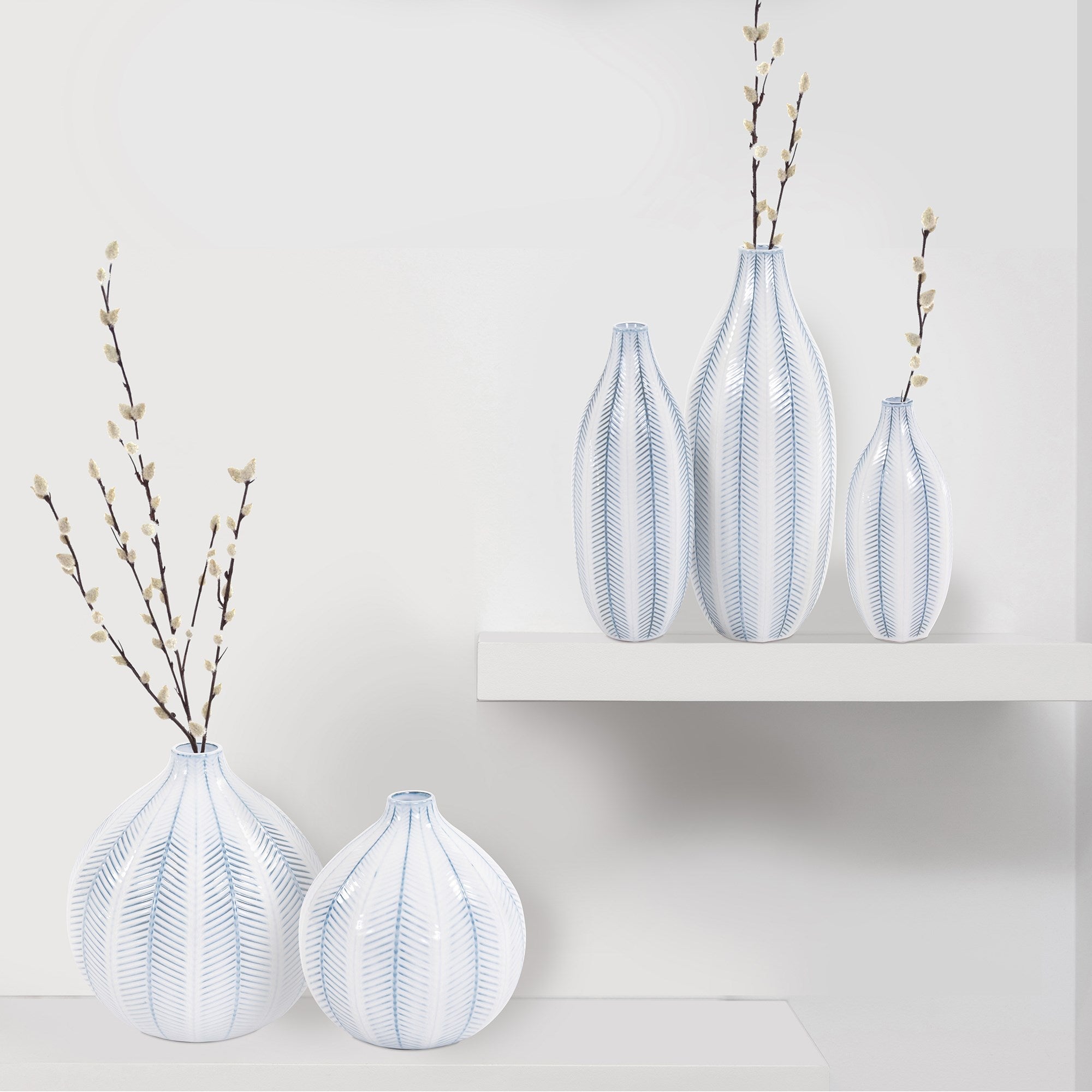 Blue and White Chevron Ceramic Vase Set