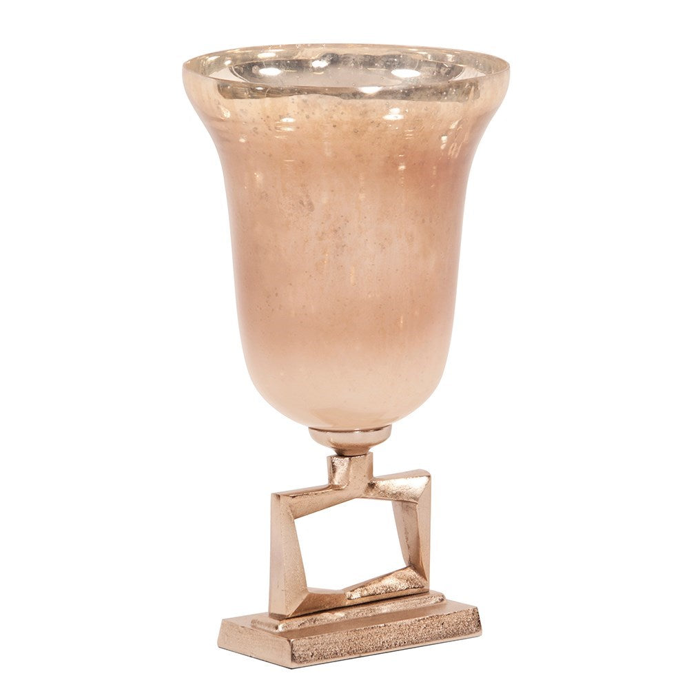 Antiqued Apricot Glass Footed Vase on Champagne Gold Metal Base, Large