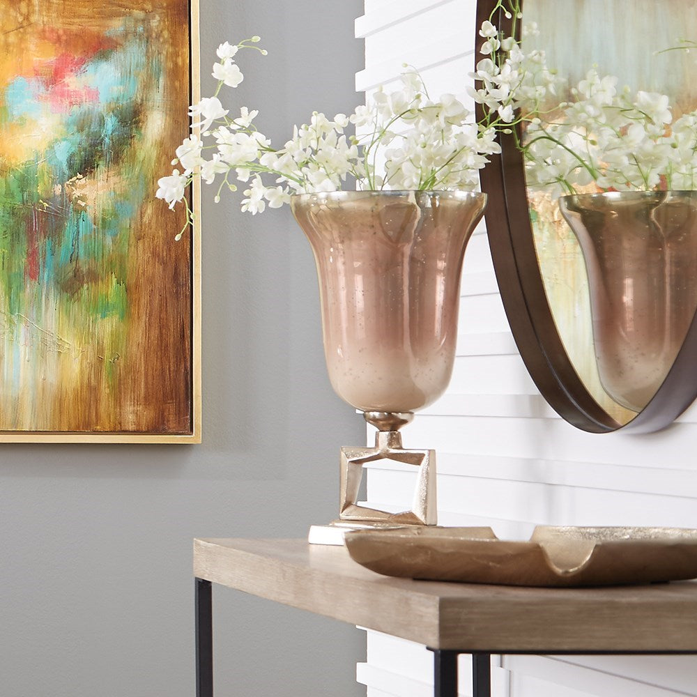 Antiqued Apricot Glass Footed Vase on Champagne Gold Metal Base, Large