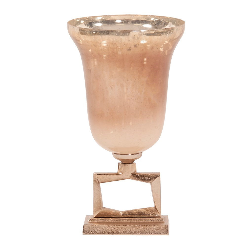 Antiqued Apricot Glass Footed Vase on Champagne Gold Metal Base, Large