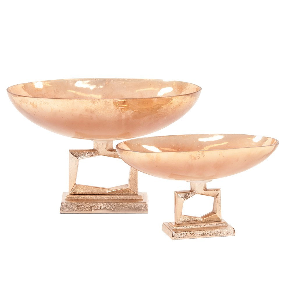 Antiqued Apricot Glass Footed Bowl on Champagne Gold Metal Base, Small