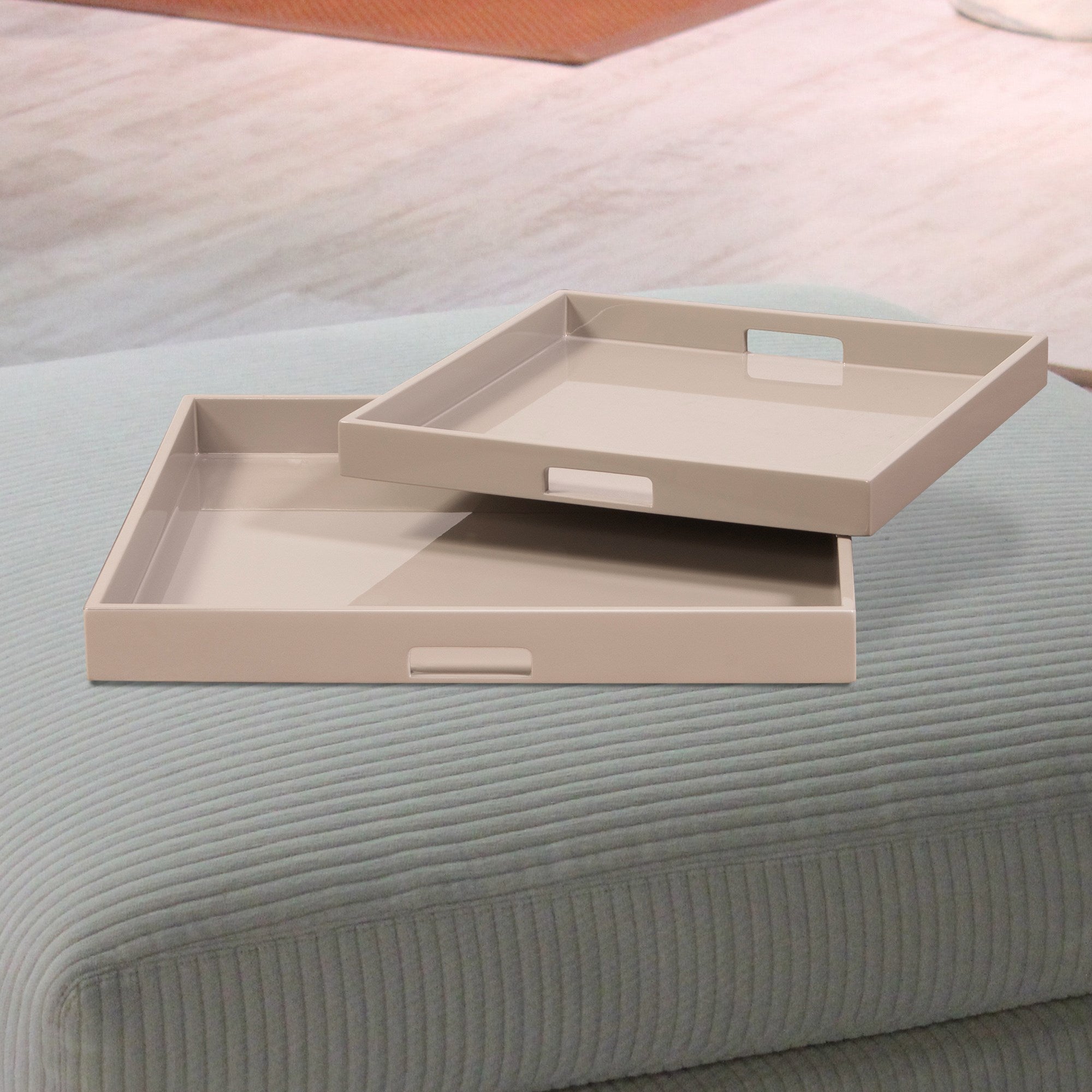 Taupe Lacquer Square Wood Tray Set
