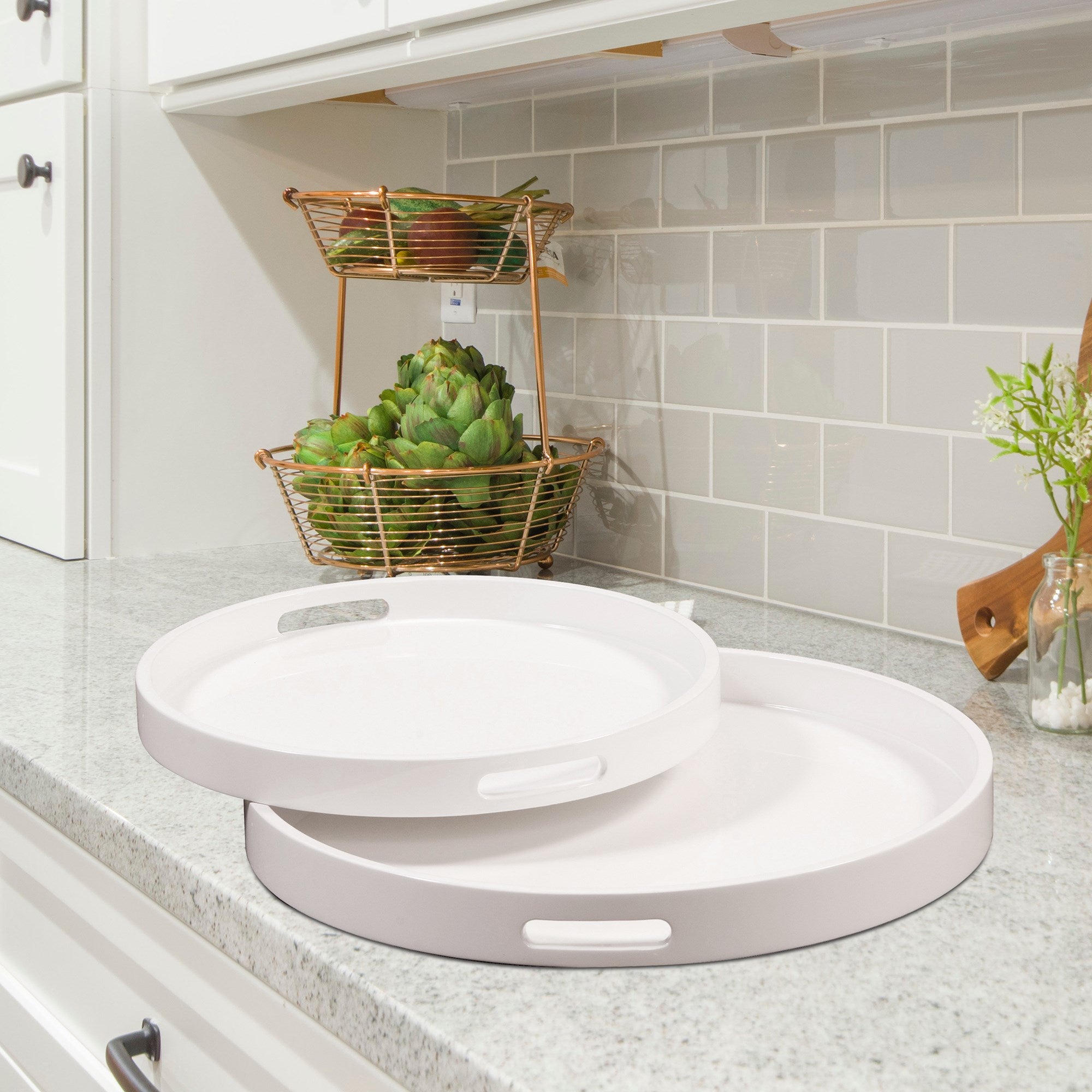 White Lacquer Round Wood Tray Set