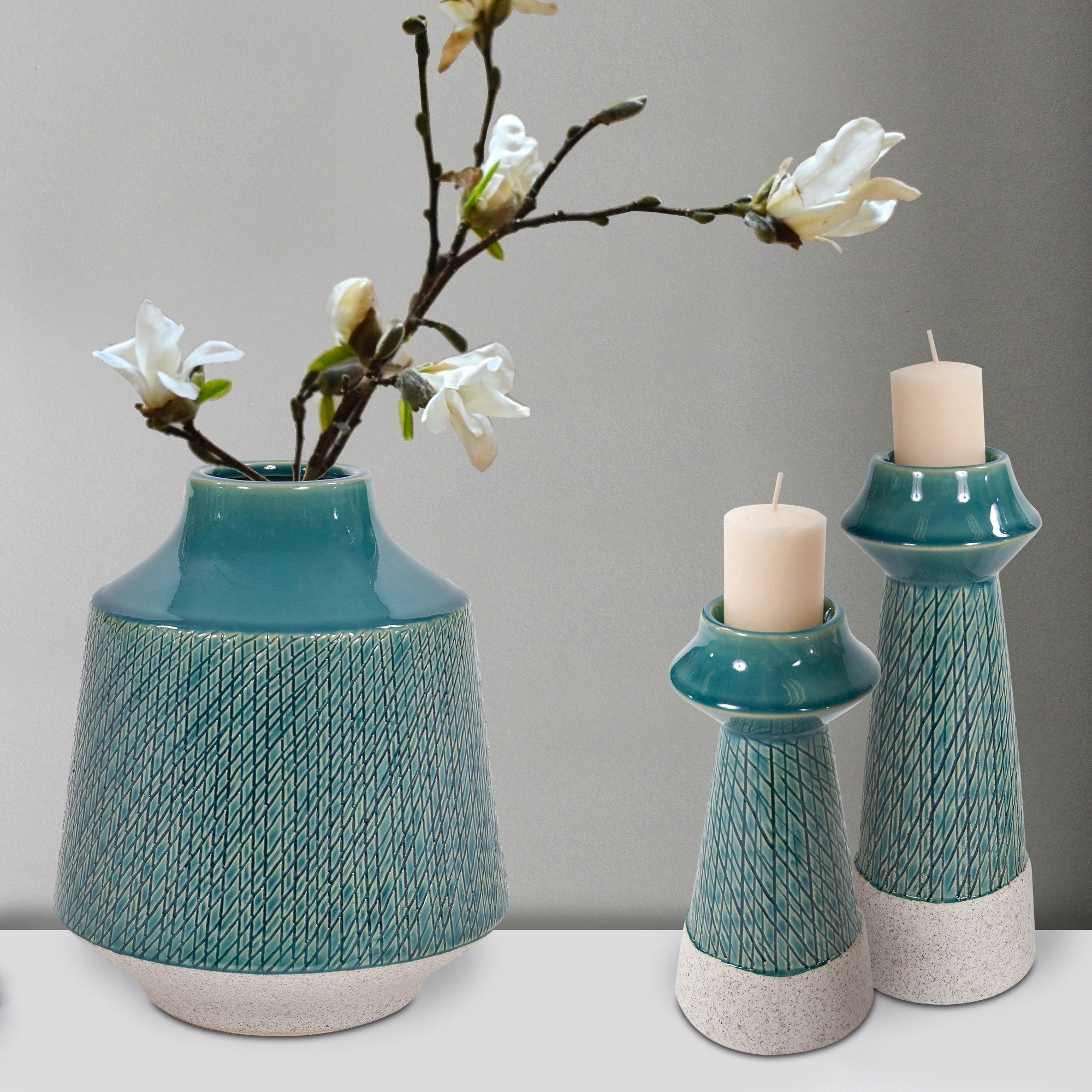 Cross Hatched Sea Blue Ceramic Round Vase