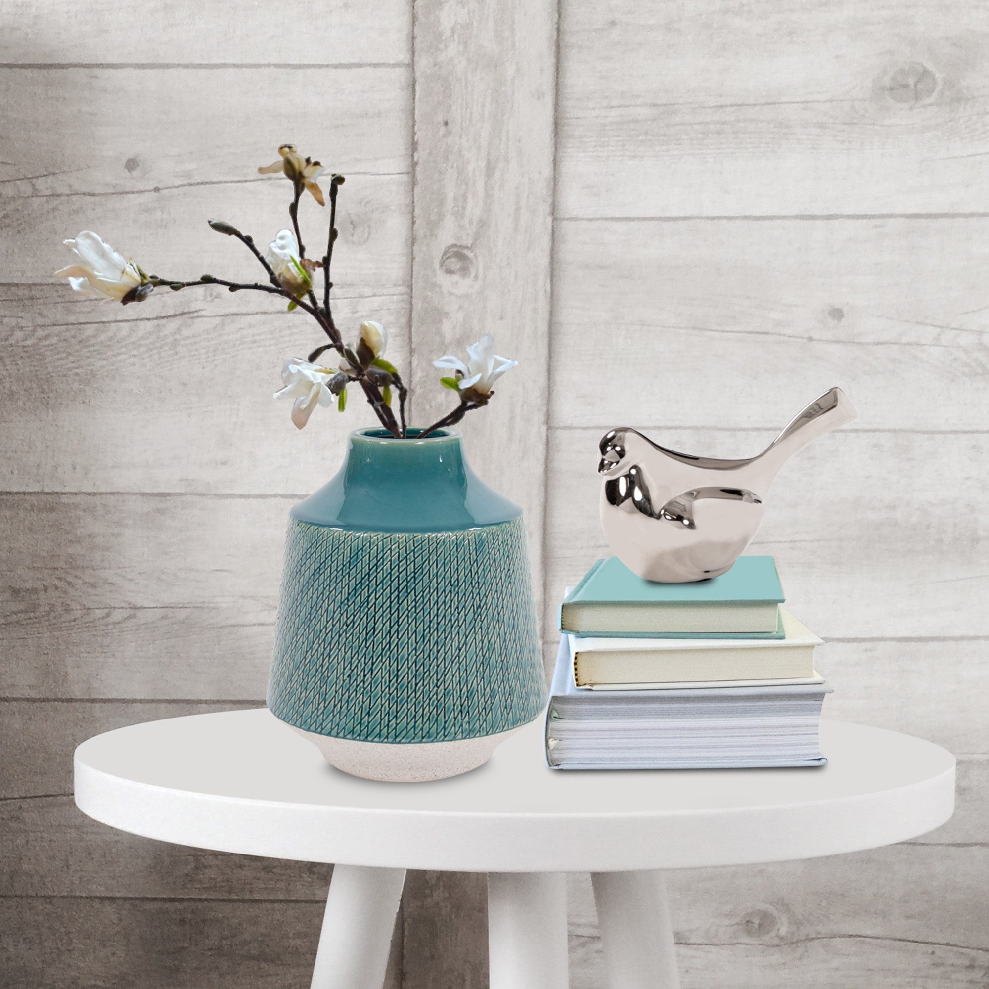 Cross Hatched Sea Blue Ceramic Round Vase