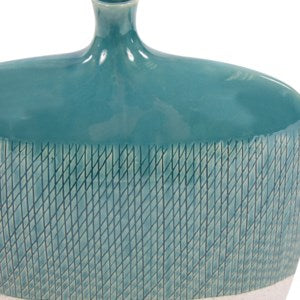 Cross Hatched Sea Blue Ceramic Flat Vase