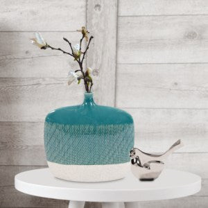 Cross Hatched Sea Blue Ceramic Flat Vase