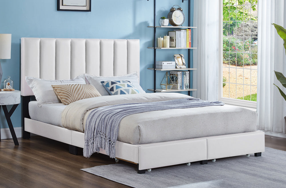 Peter White Leatherette 54″ Double Platform Bed with Drawer Storage