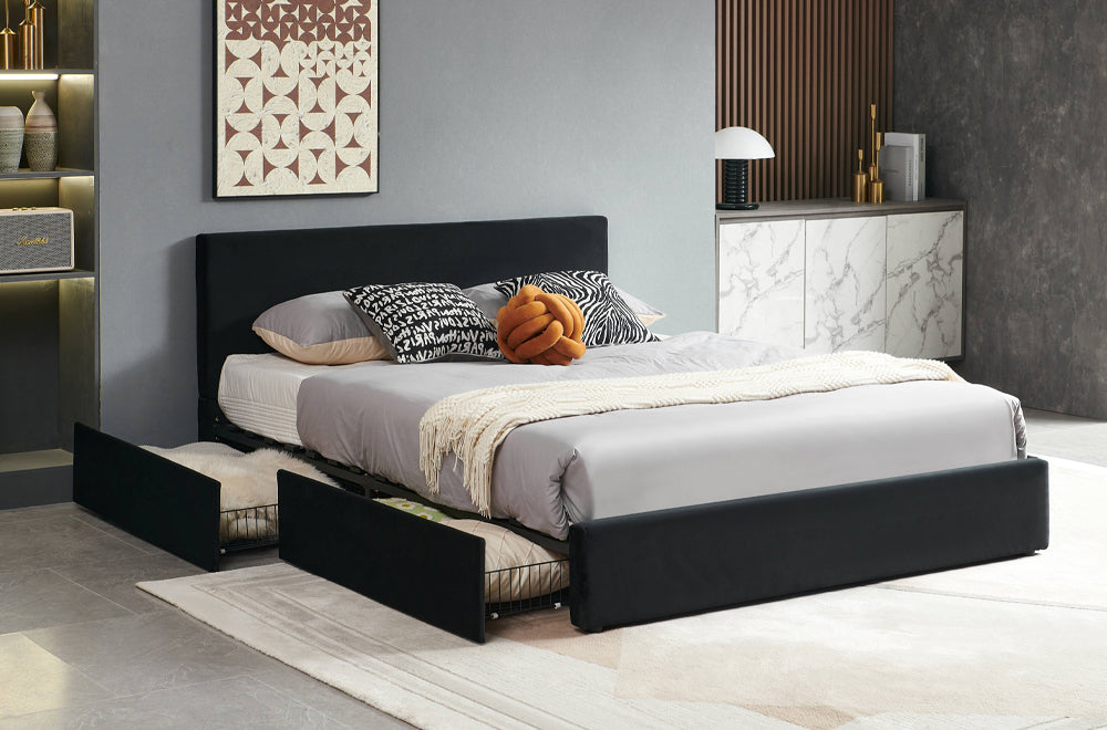 Alex Black Velvet 78″ King Platform Bed with Drawer Storage