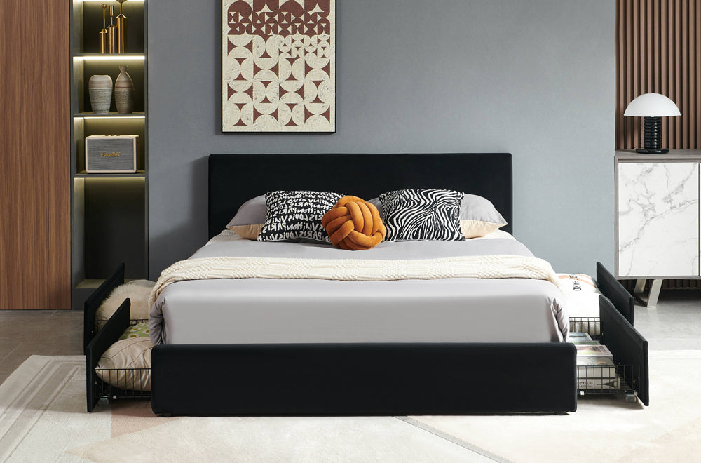 Alex Black Velvet 78″ King Platform Bed with Drawer Storage