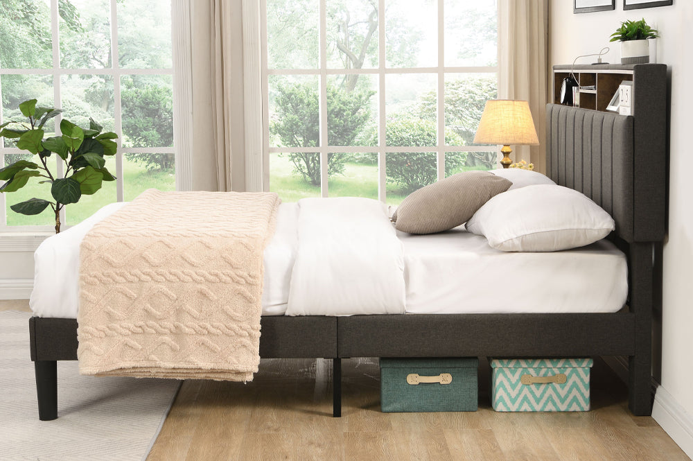 Matthew Light Grey Linen 60″ Queen Platform Bed with Headboard Storage