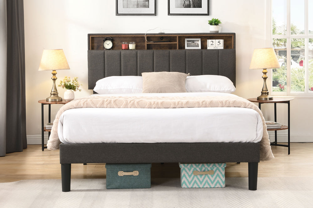Matthew Light Grey Linen 60″ Queen Platform Bed with Headboard Storage