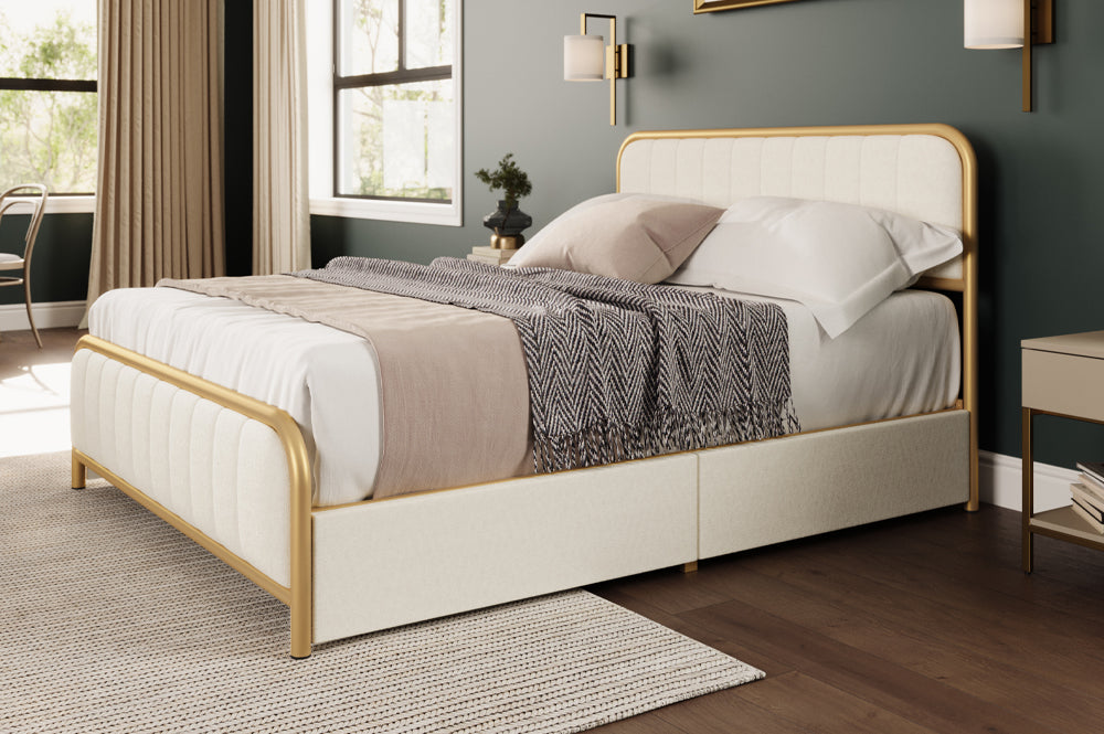 Brittany Off-White Velvet 78″ King Platform Bed with Drawer Storage