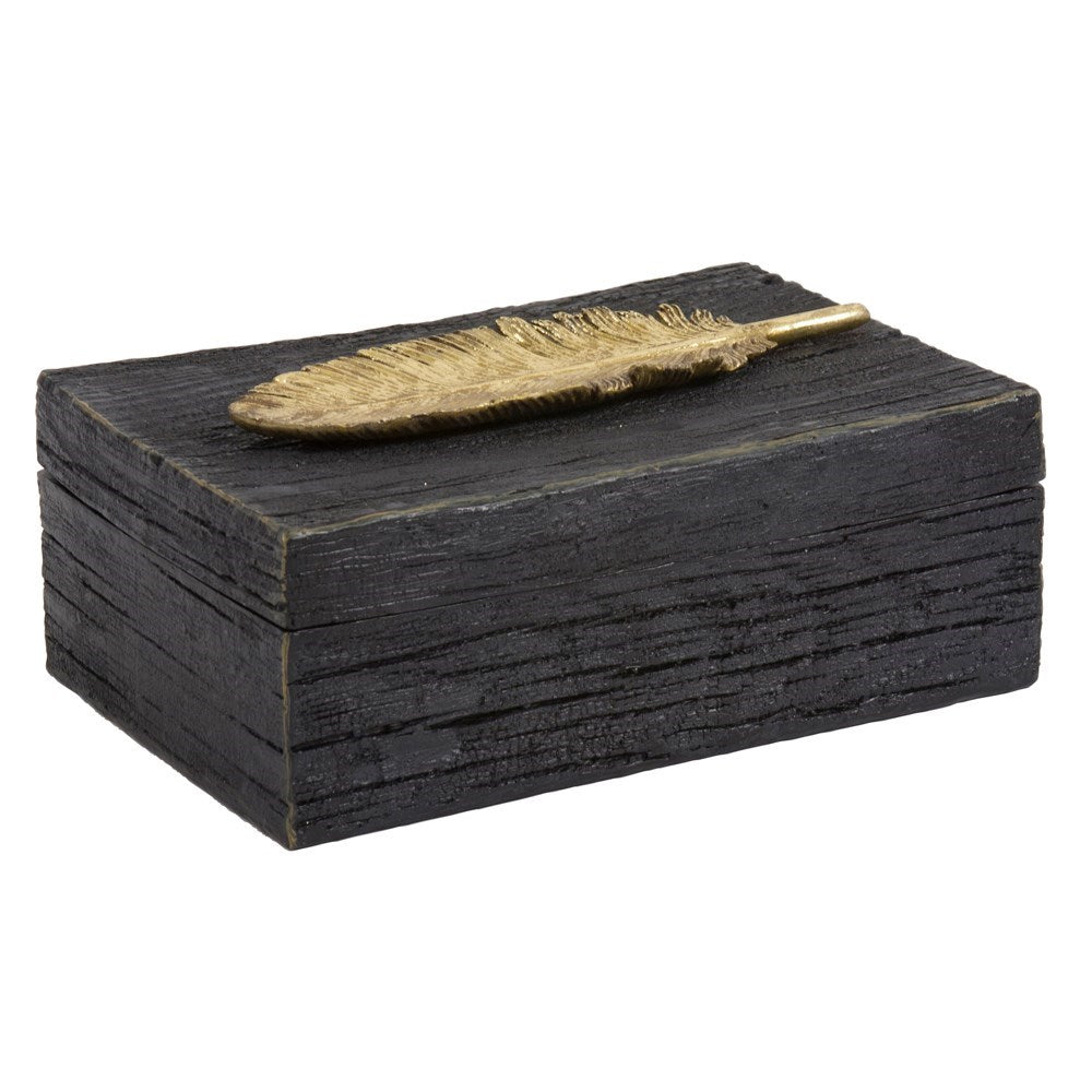 Rustic Faux Wood Box with Gold Feather Accent