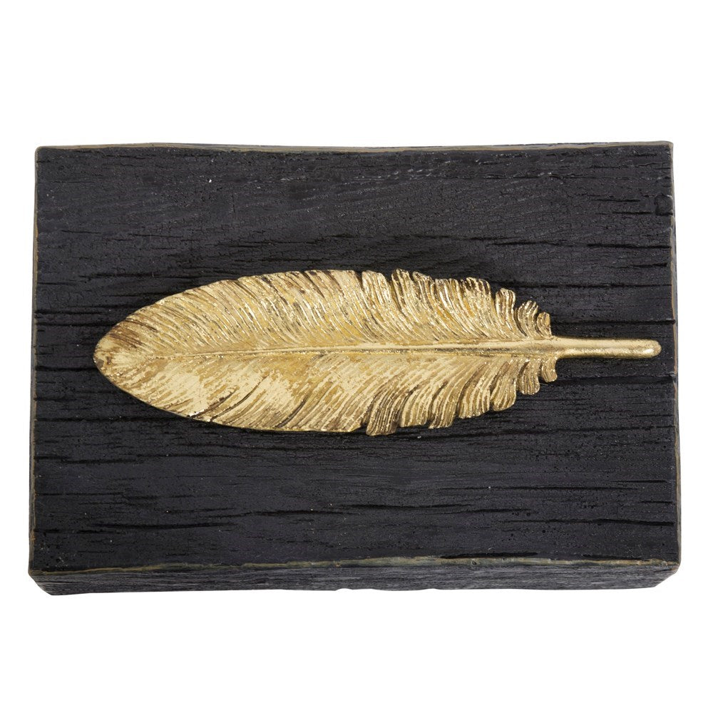 Rustic Faux Wood Box with Gold Feather Accent
