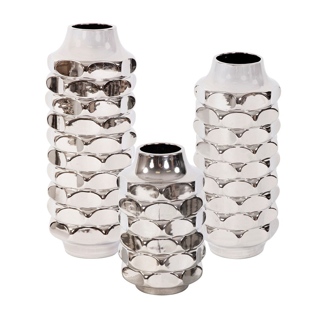 Hammered Metallic Silver Ceramic Vase, Large