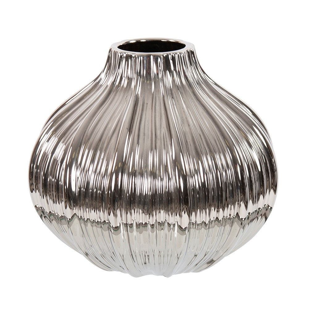 Metallic Silver Ribbed Ceramic Globe Vase