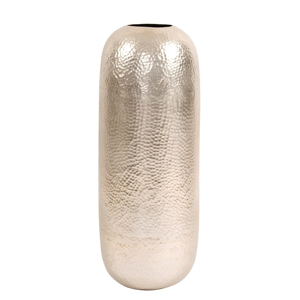 Oversized Metal Cylinder Vase with Hammered Silver Finish, Large