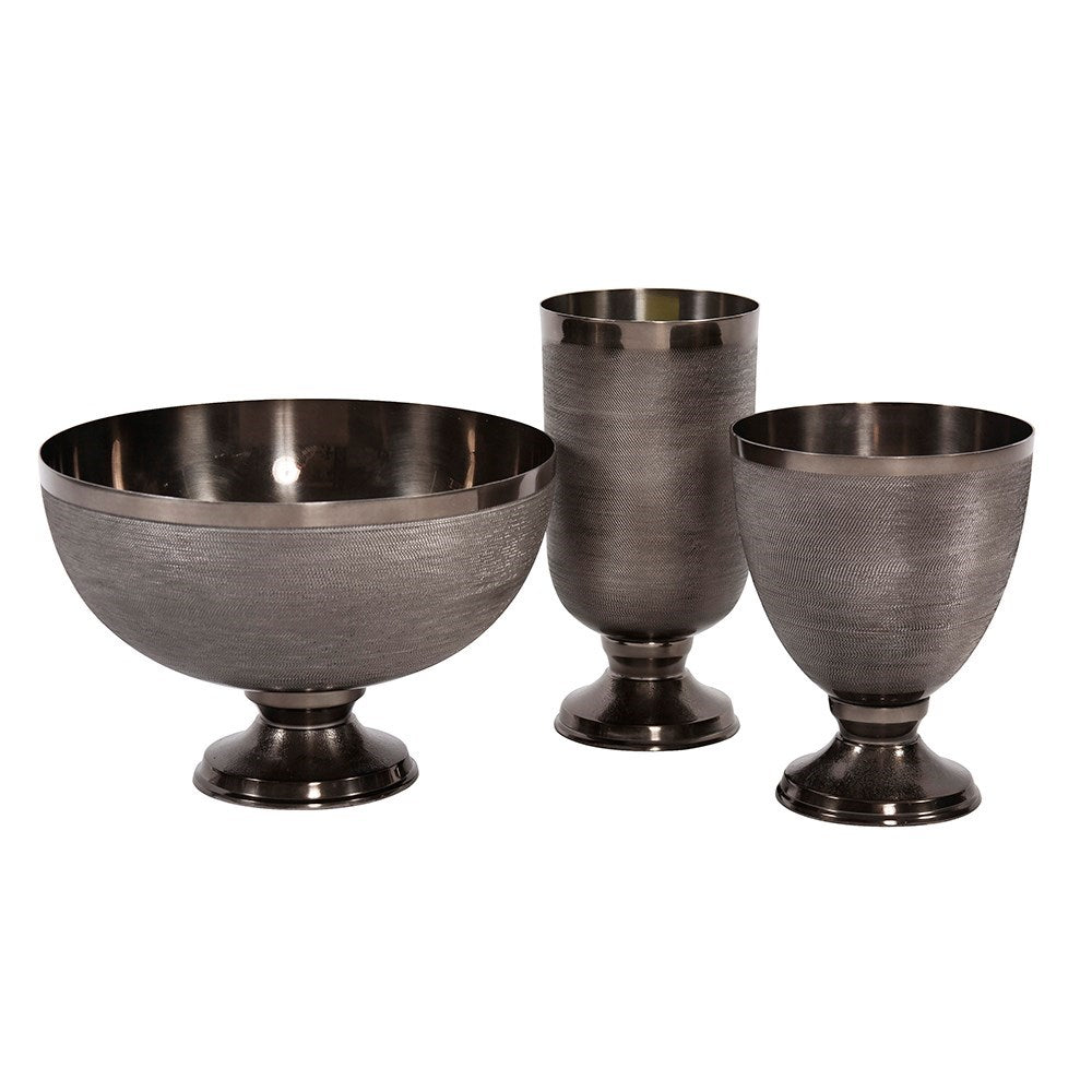 Textured Smoke Black Metal Footed Bowl, Small
