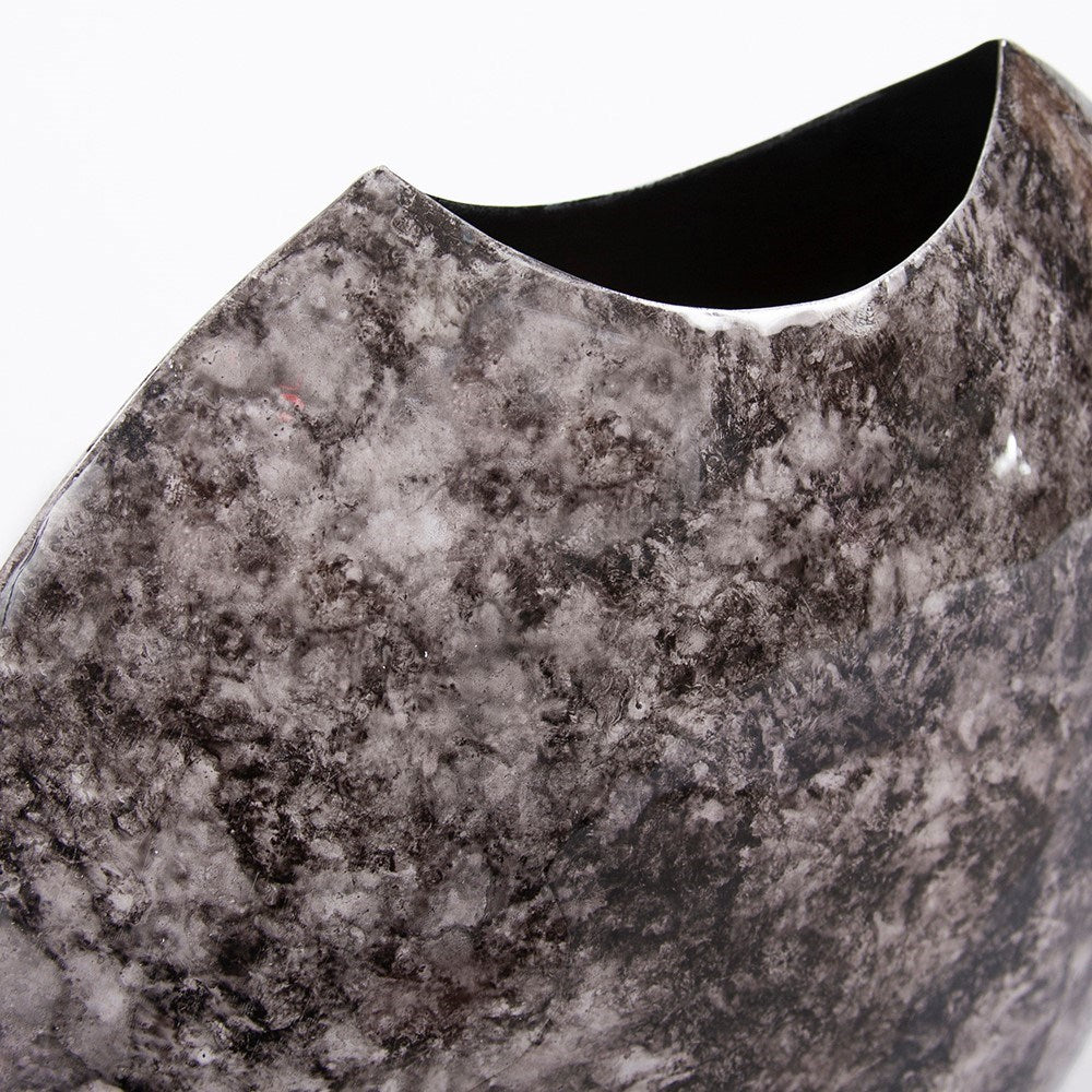 Round Black Marbled Iron Disc Vase, Small