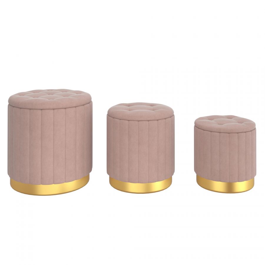 Tobi 3pc Blush Pink - Gold Storage Ottoman Set