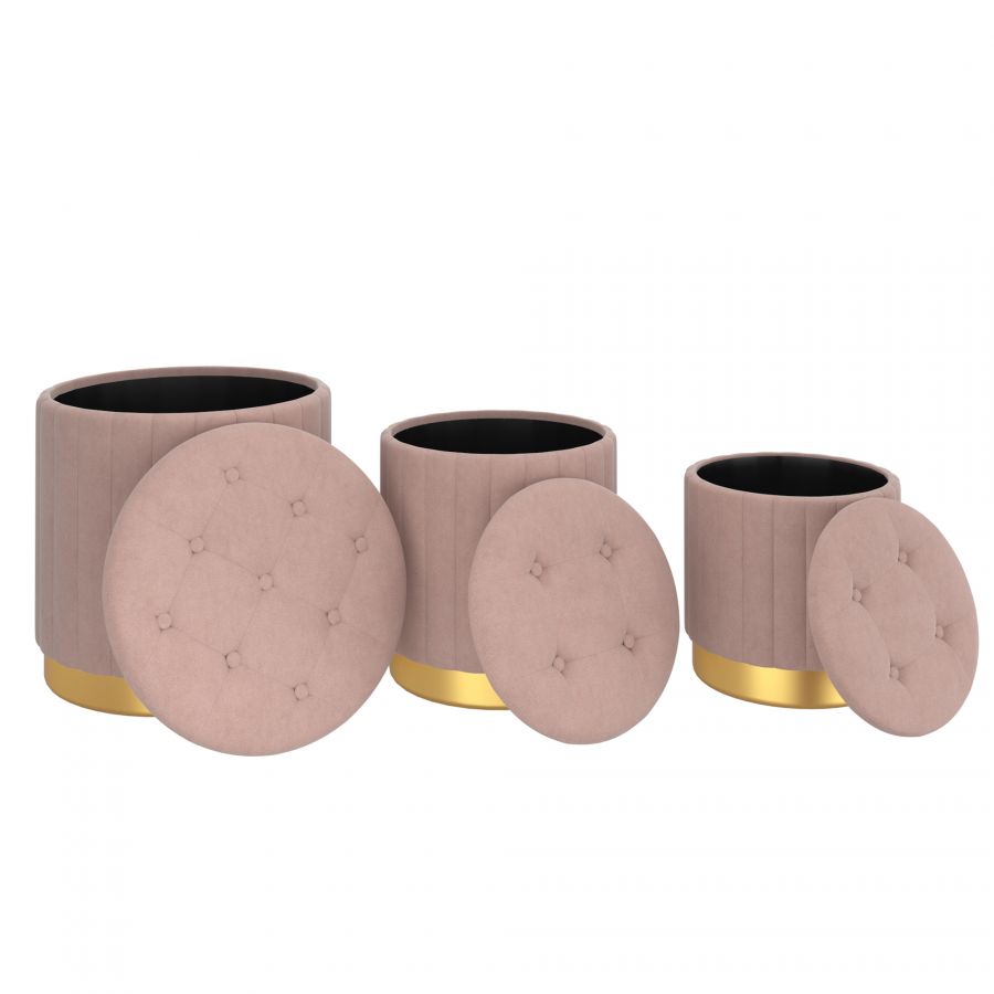 Tobi 3pc Blush Pink - Gold Storage Ottoman Set