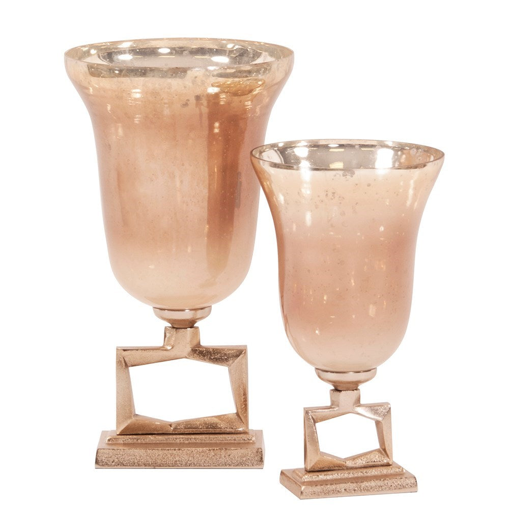 Antiqued Apricot Glass Footed Vase on Champagne Gold Metal Base, Small