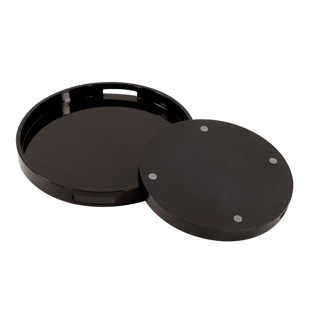 Black Lacquer Round Wood Tray Set