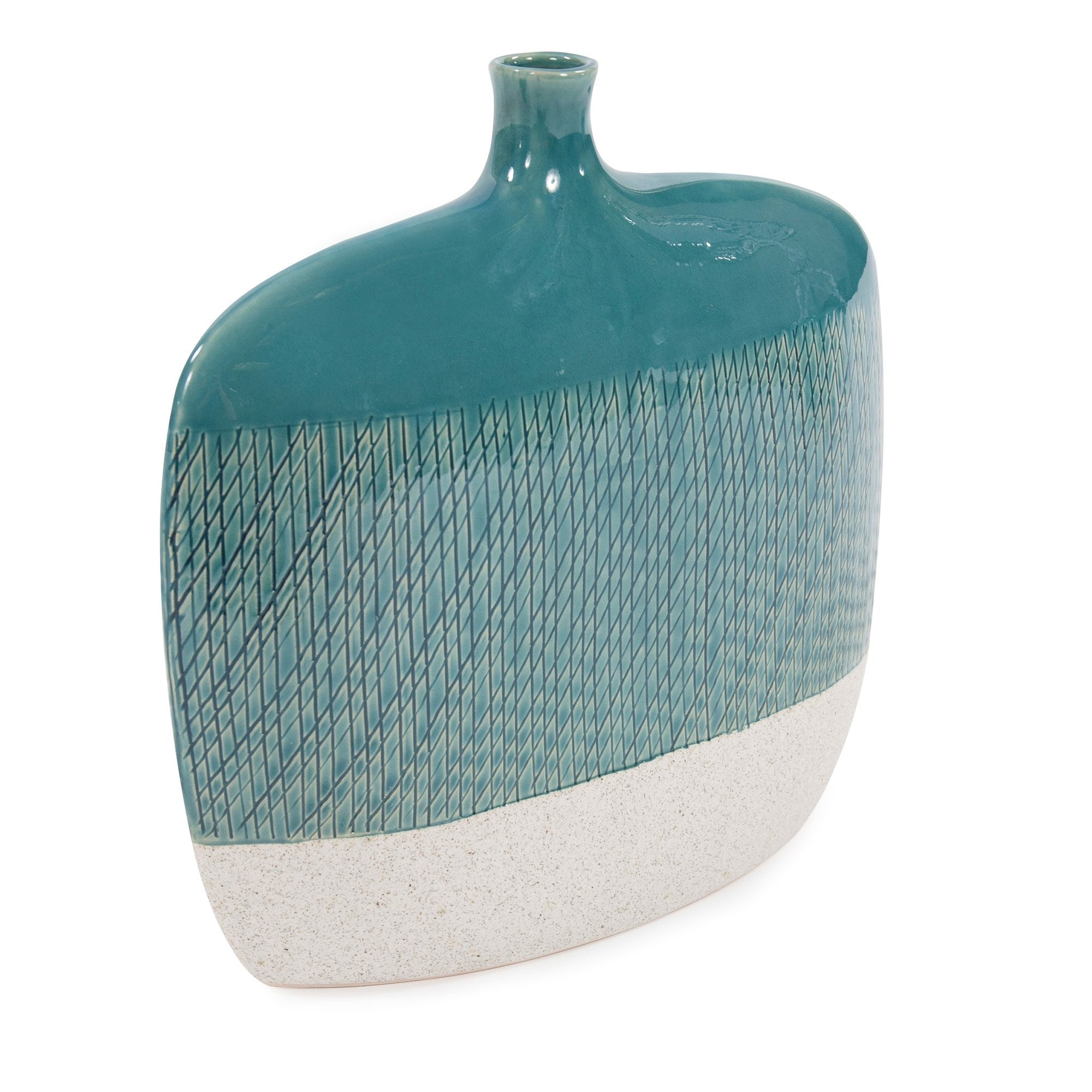 Cross Hatched Sea Blue Ceramic Flat Vase